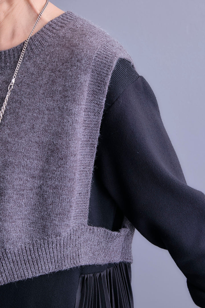 【SET】ケープライクアシンメトリーニットベスト+ZIPポケットサイドプリーツニットワンピース(2set)