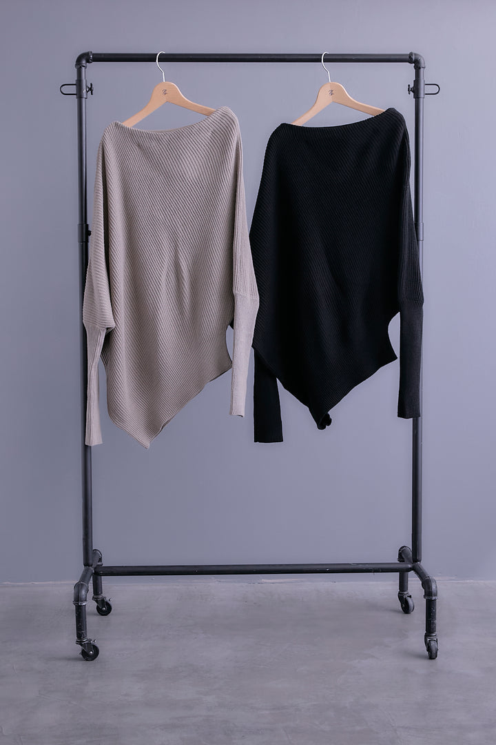 【SET】アシンメトリーボートネックドルマンニット+ルーズロングプリーツスカート(2set)