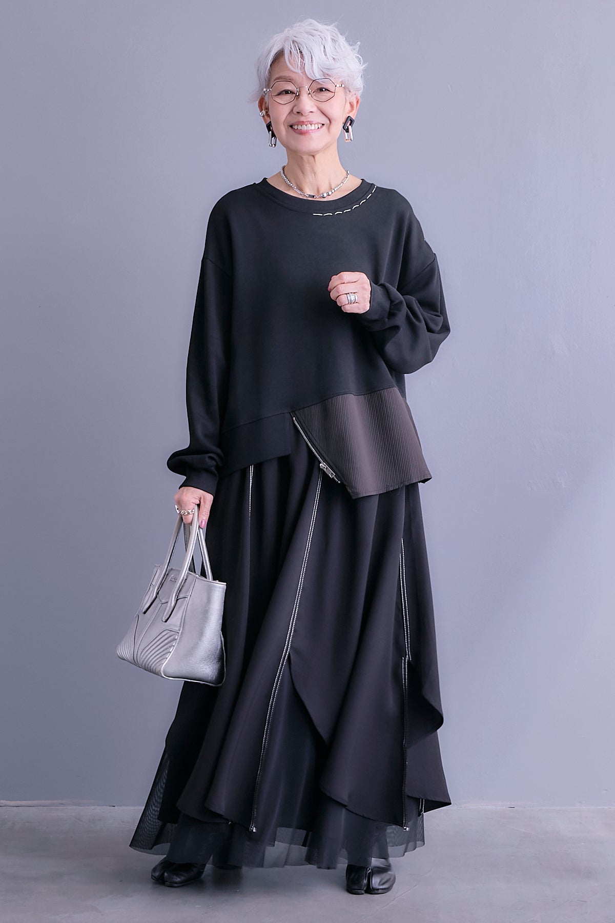 SET】ステッチデザインアシメZIPプルオーバー+ステッチチュール