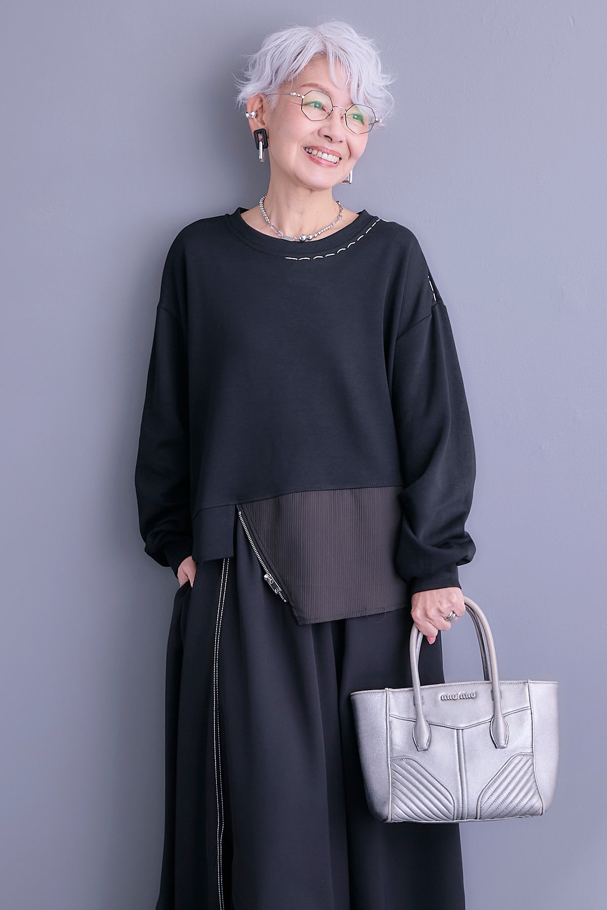 SET】ステッチデザインアシメZIPプルオーバー+ステッチチュール