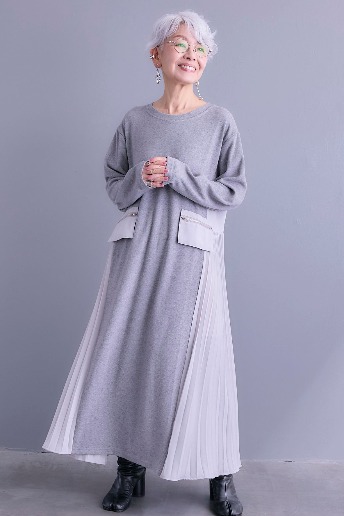 SET】アシンメトリーケープニット+サイドプリーツニットワンピース