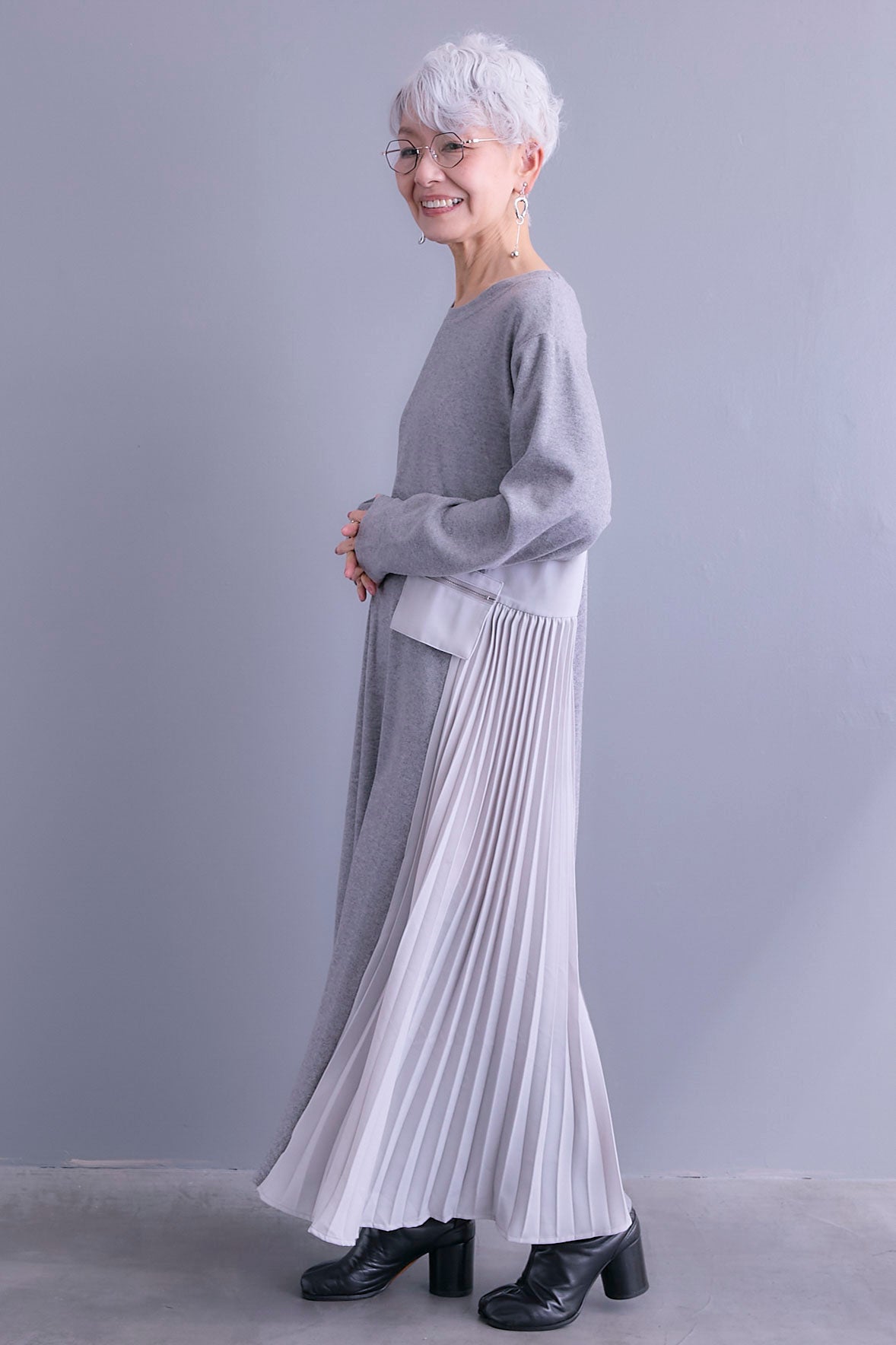 SET】アシンメトリーケープニット+サイドプリーツニットワンピース