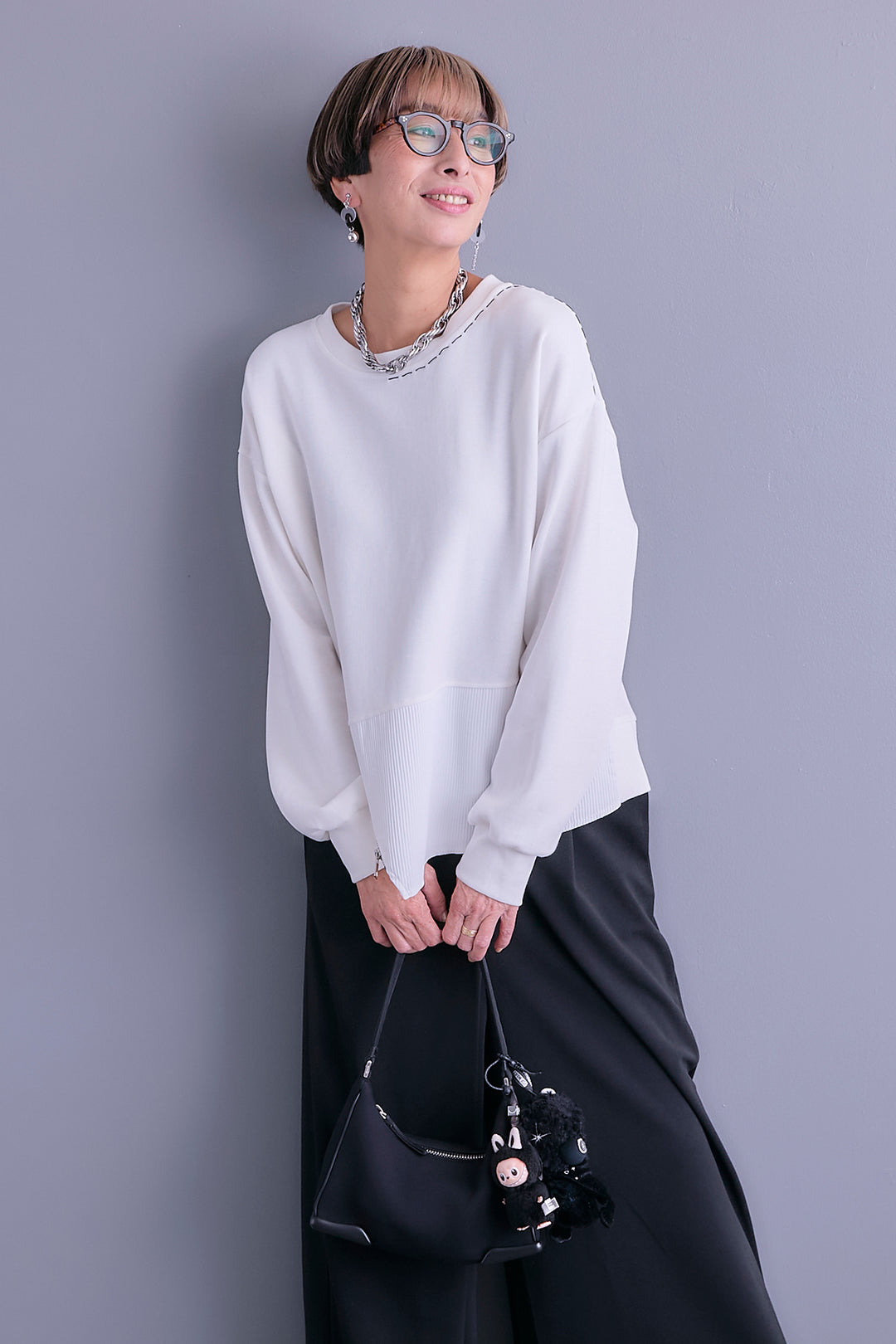 【SET】ステッチデザインアシメZIPプルオーバー+ラップワイドモードパンツ(2set)