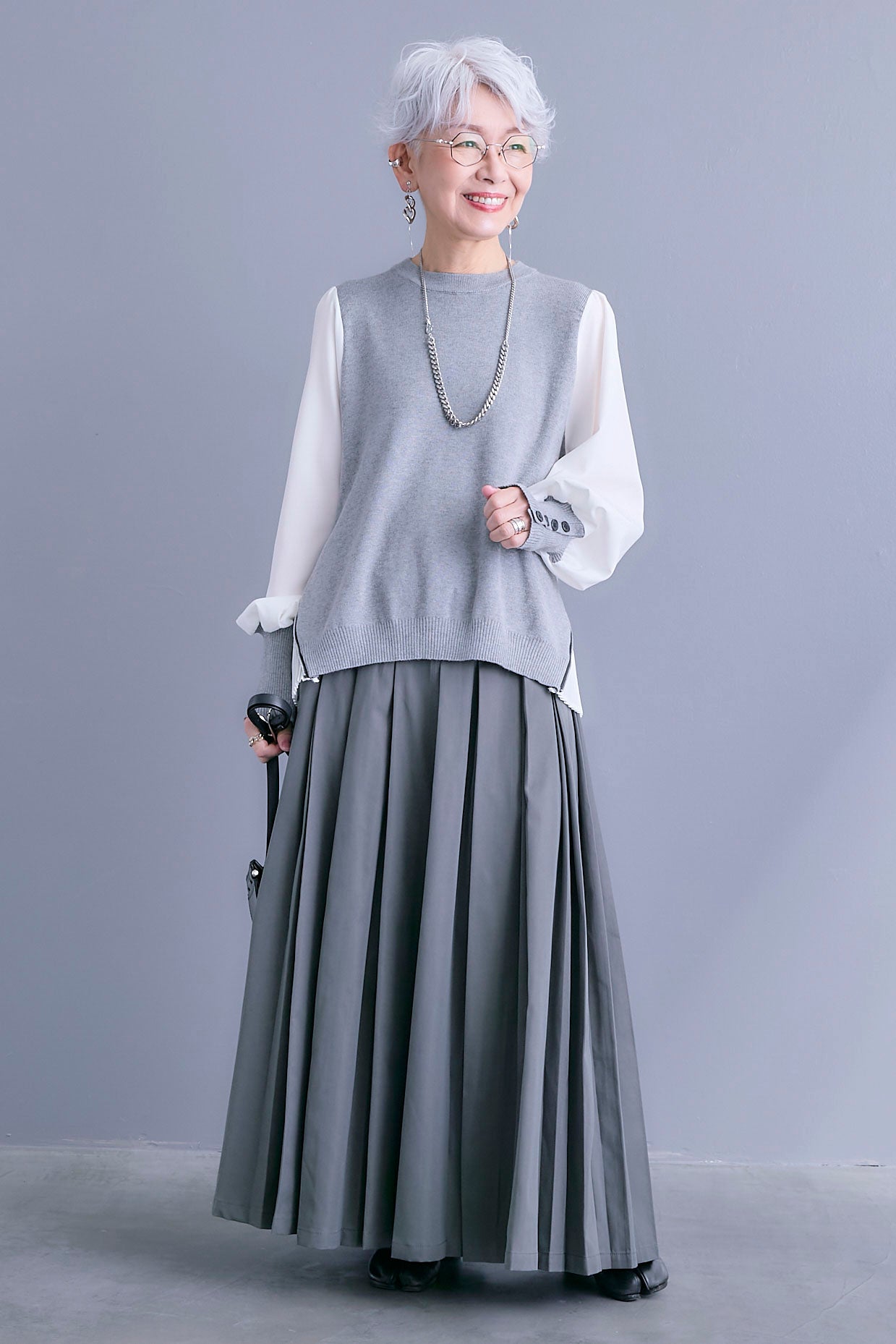 サカイ ワンピース ドッキング ニット プリーツスカート グレー 水色 2 SET】ZIPサイドプリーツニットコンビプルオーバー+シャークスキンW