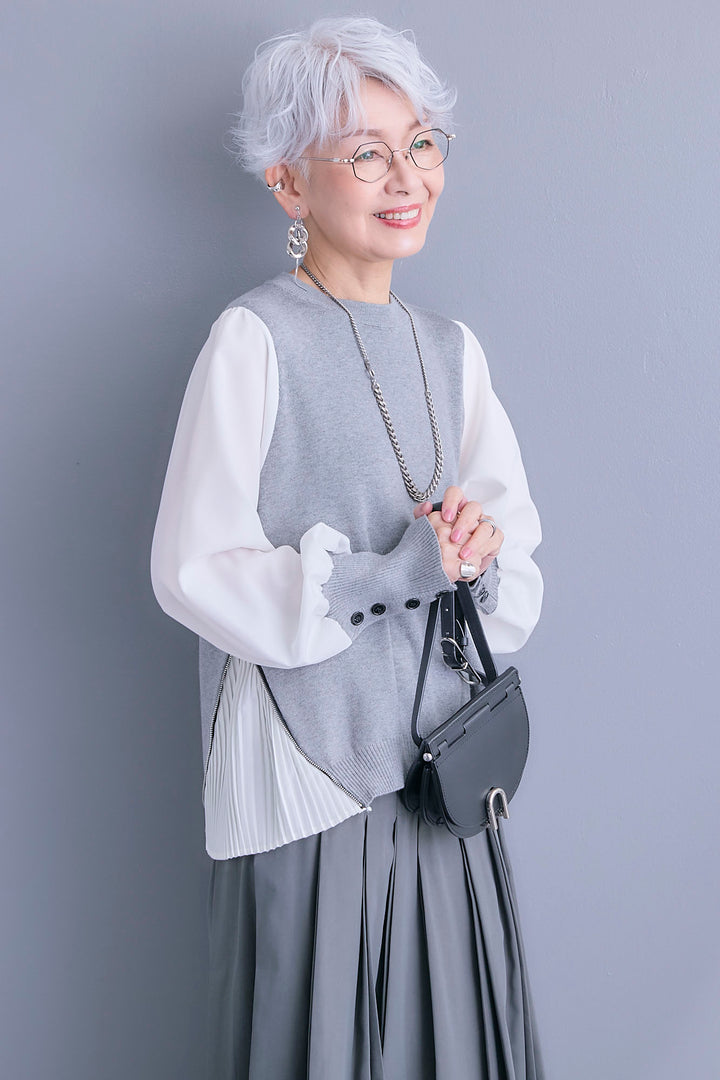 【SET】ZIPサイドプリーツニットコンビプルオーバー+シャークスキンWタックプリーツスカート(2set)