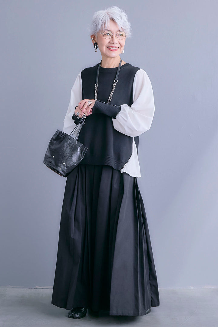 【SET】ZIPサイドプリーツニットコンビプルオーバー+シャークスキンWタックプリーツスカート(2set)