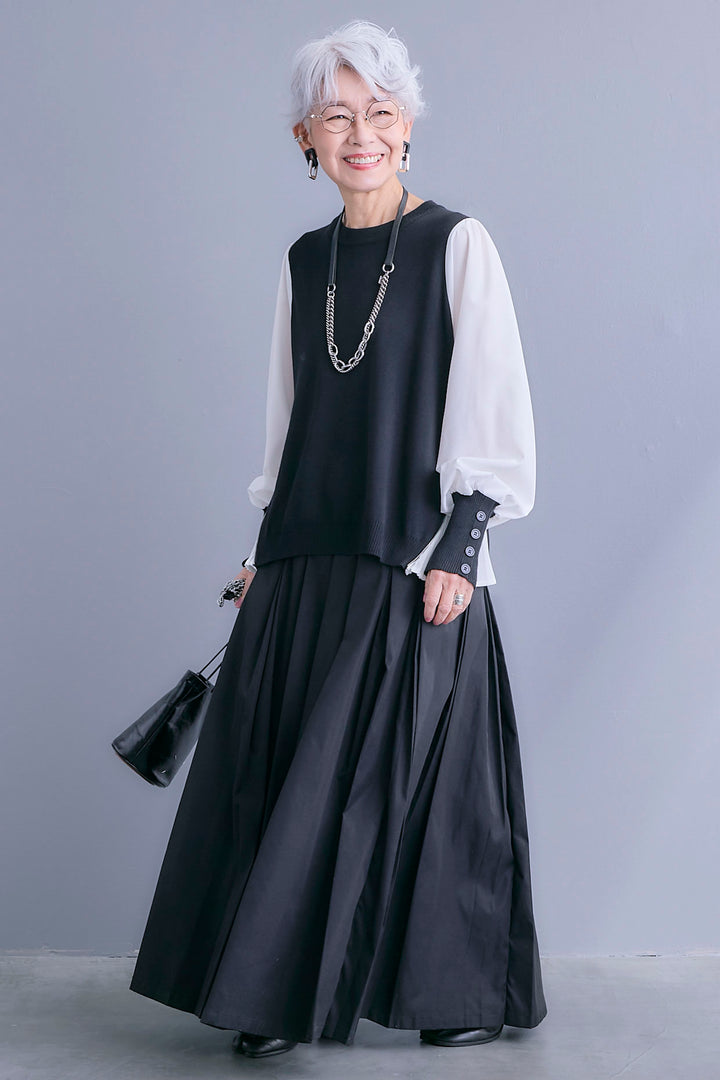 【SET】ZIPサイドプリーツニットコンビプルオーバー+シャークスキンWタックプリーツスカート(2set)