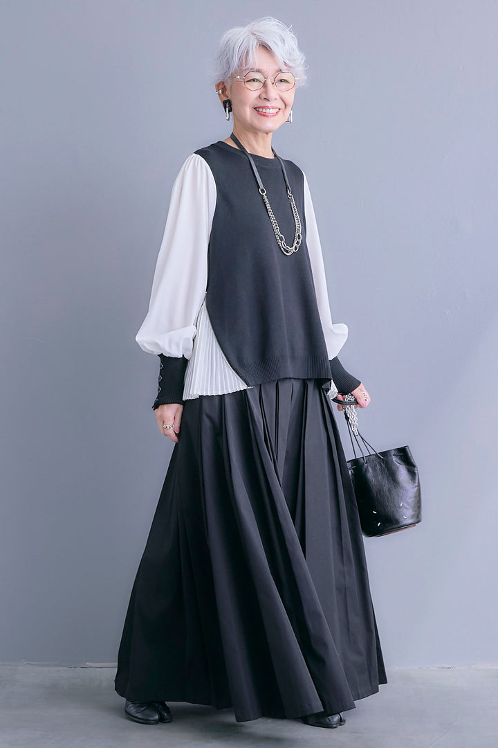 【SET】ZIPサイドプリーツニットコンビプルオーバー+シャークスキンWタックプリーツスカート(2set)