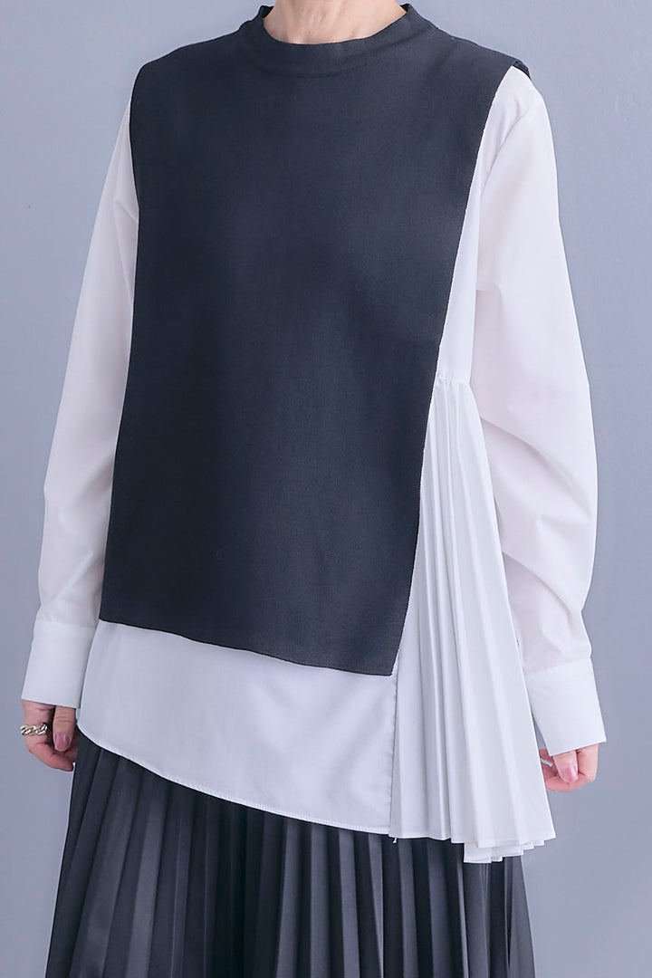 【予約】アシメサイドプリーツブラウス+サイドオープンニットベスト(ベルト付き)