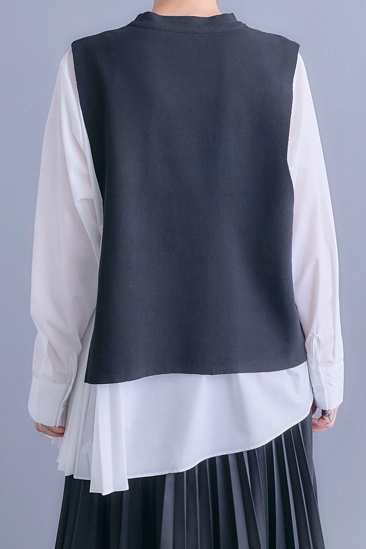 【予約】アシメサイドプリーツブラウス+サイドオープンニットベスト(ベルト付き)