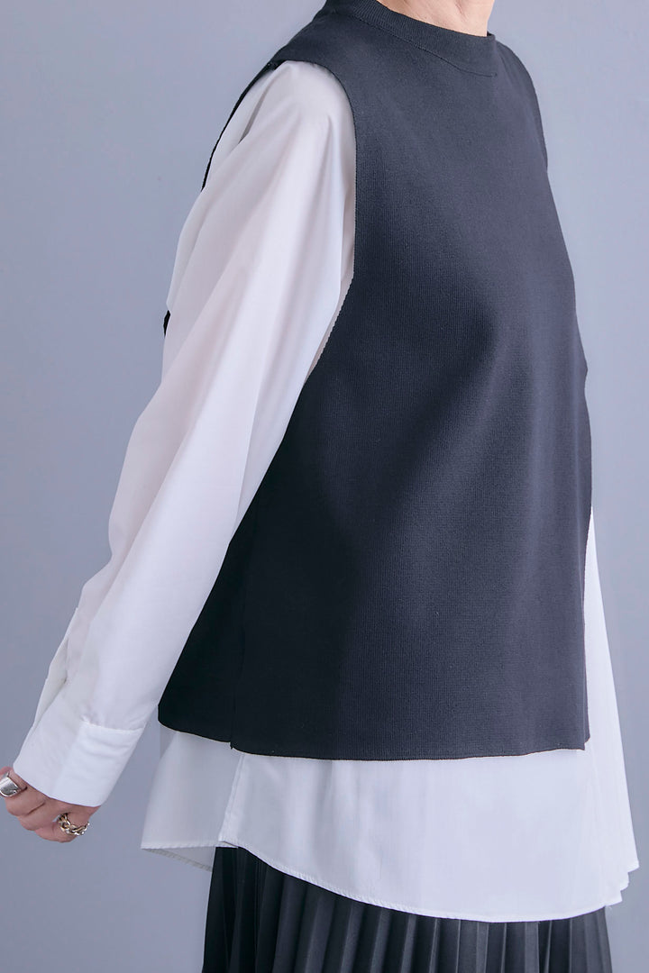 【予約】アシメサイドプリーツブラウス+サイドオープンニットベスト(ベルト付き)