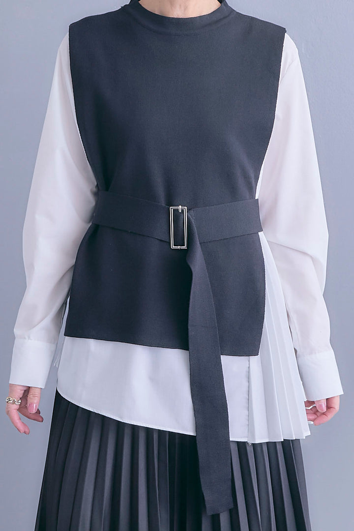 【予約】アシメサイドプリーツブラウス+サイドオープンニットベスト(ベルト付き)