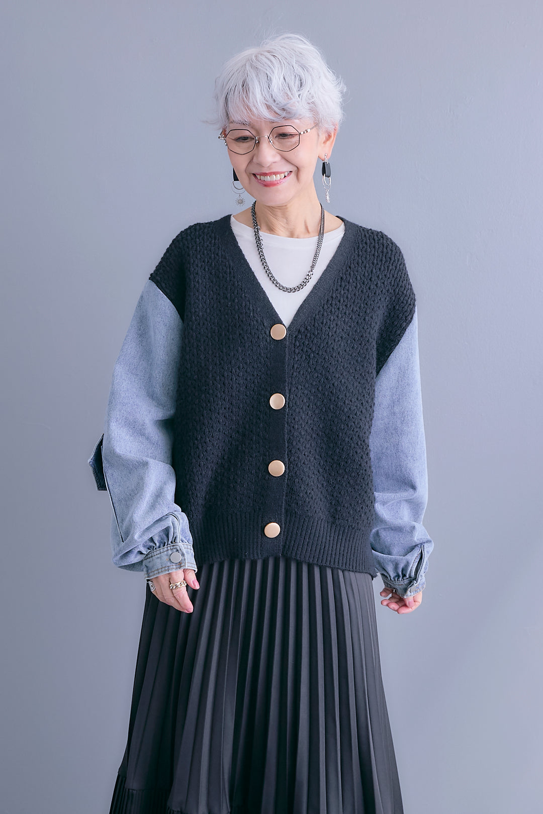 【予約】デニムスリーブニットオーバーカーデ