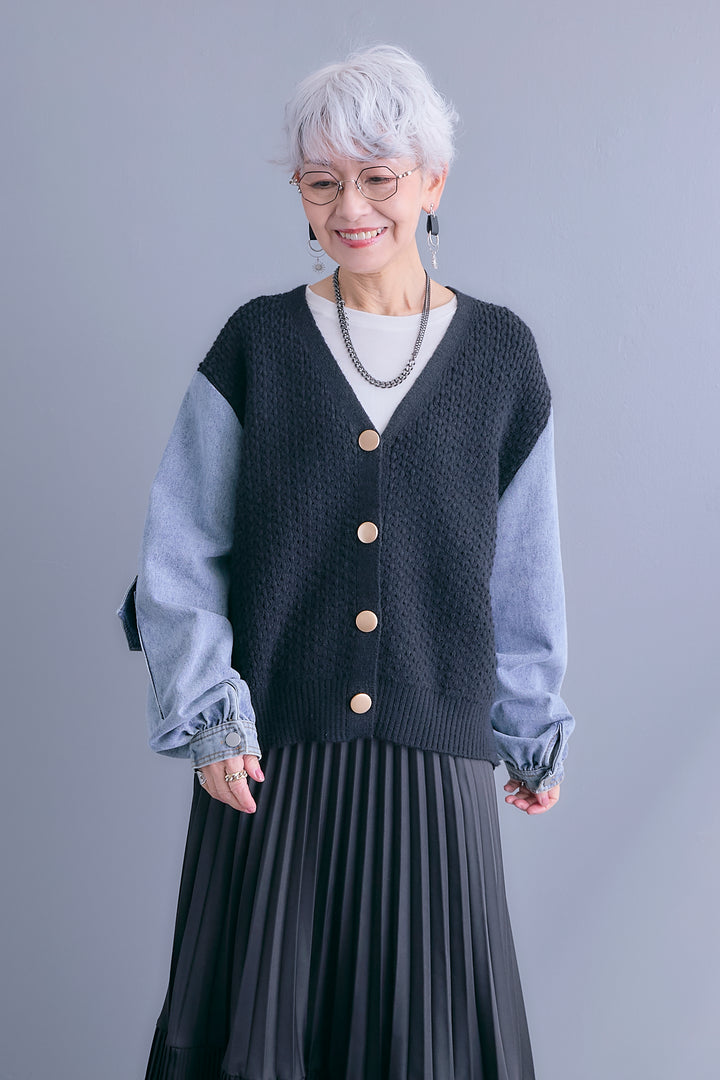 【予約】デニムスリーブニットオーバーカーデ