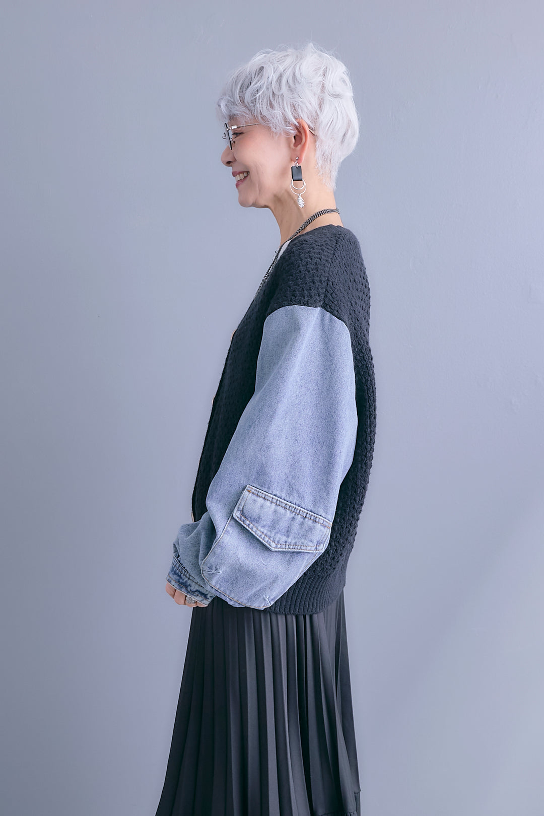 【予約】デニムスリーブニットオーバーカーデ