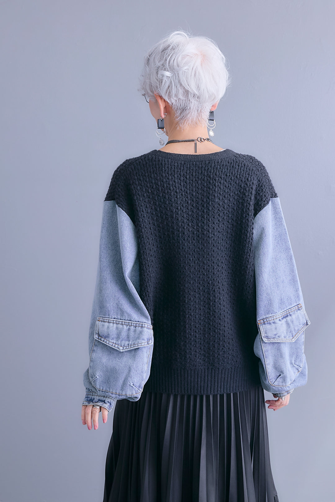 【予約】デニムスリーブニットオーバーカーデ