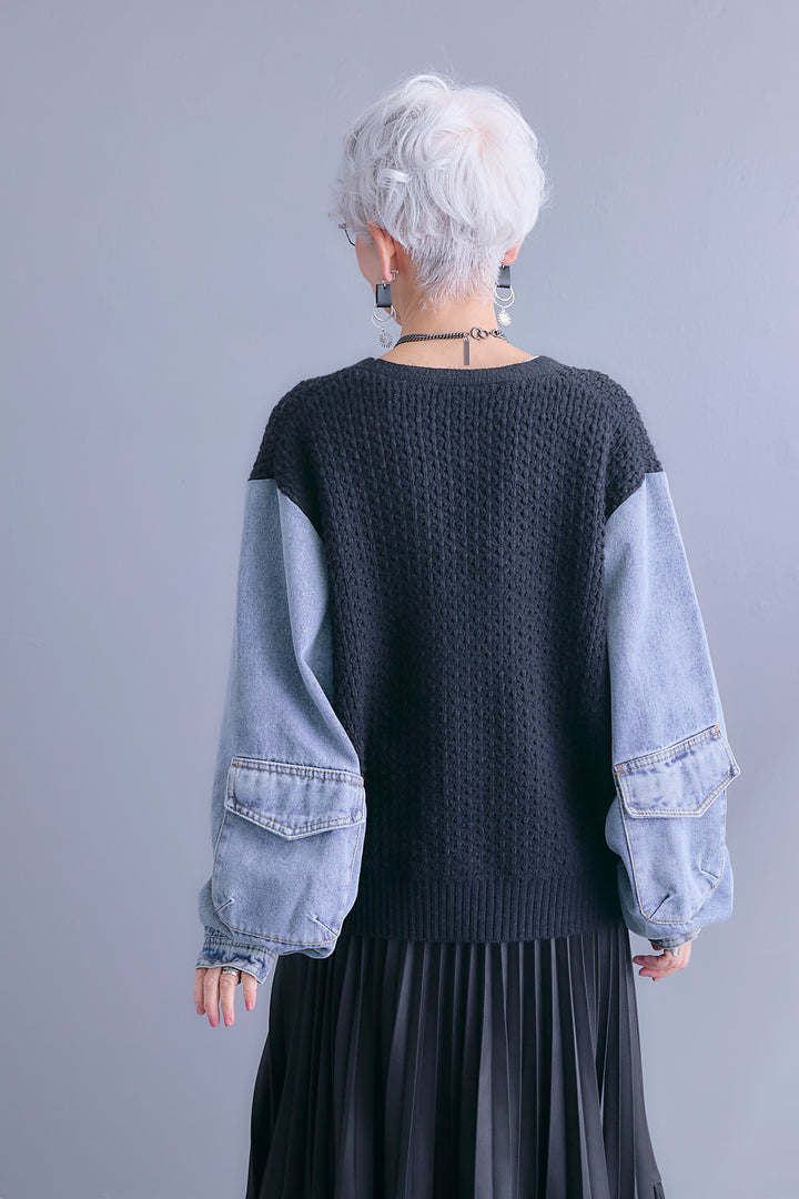 【予約】デニムスリーブニットオーバーカーデ