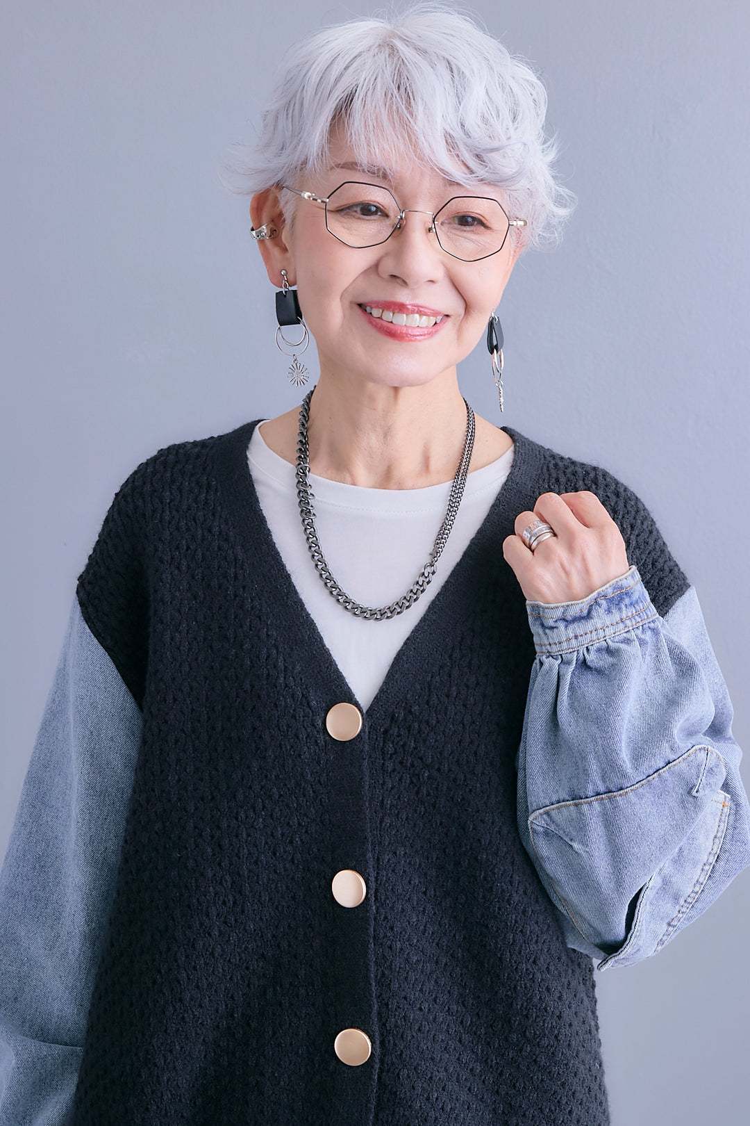 【予約】デニムスリーブニットオーバーカーデ