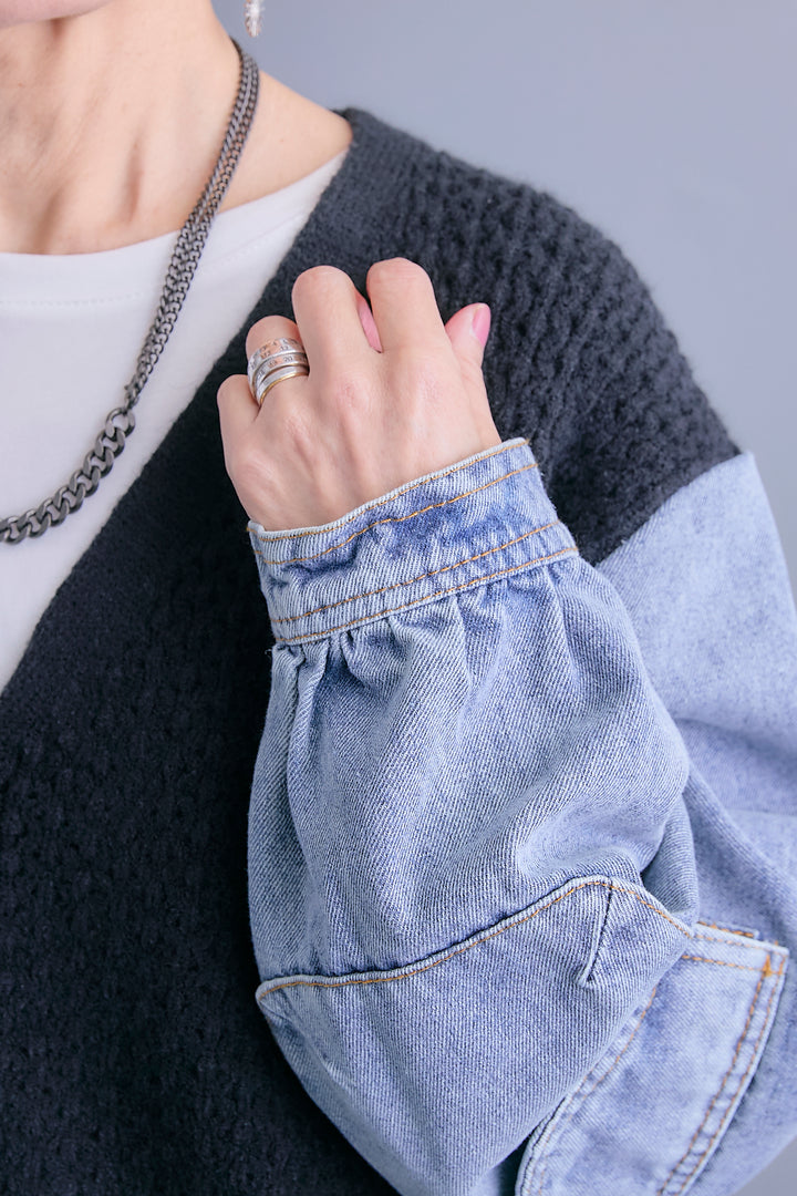 【予約】デニムスリーブニットオーバーカーデ
