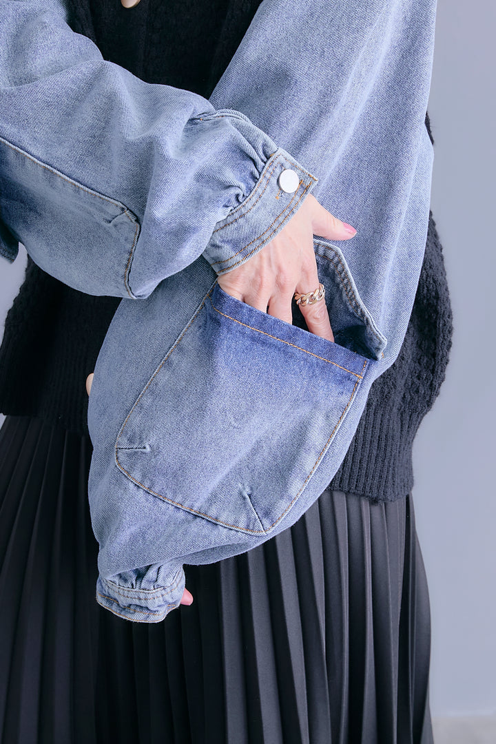 【予約】デニムスリーブニットオーバーカーデ