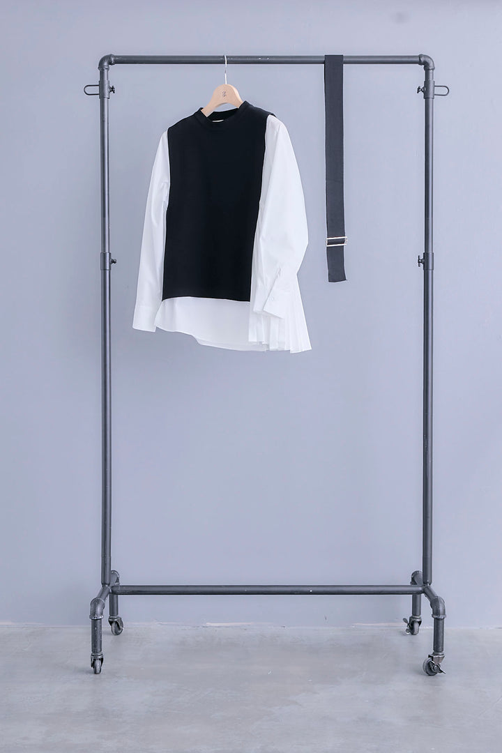 【予約】アシメサイドプリーツブラウス+サイドオープンニットベスト(ベルト付き)