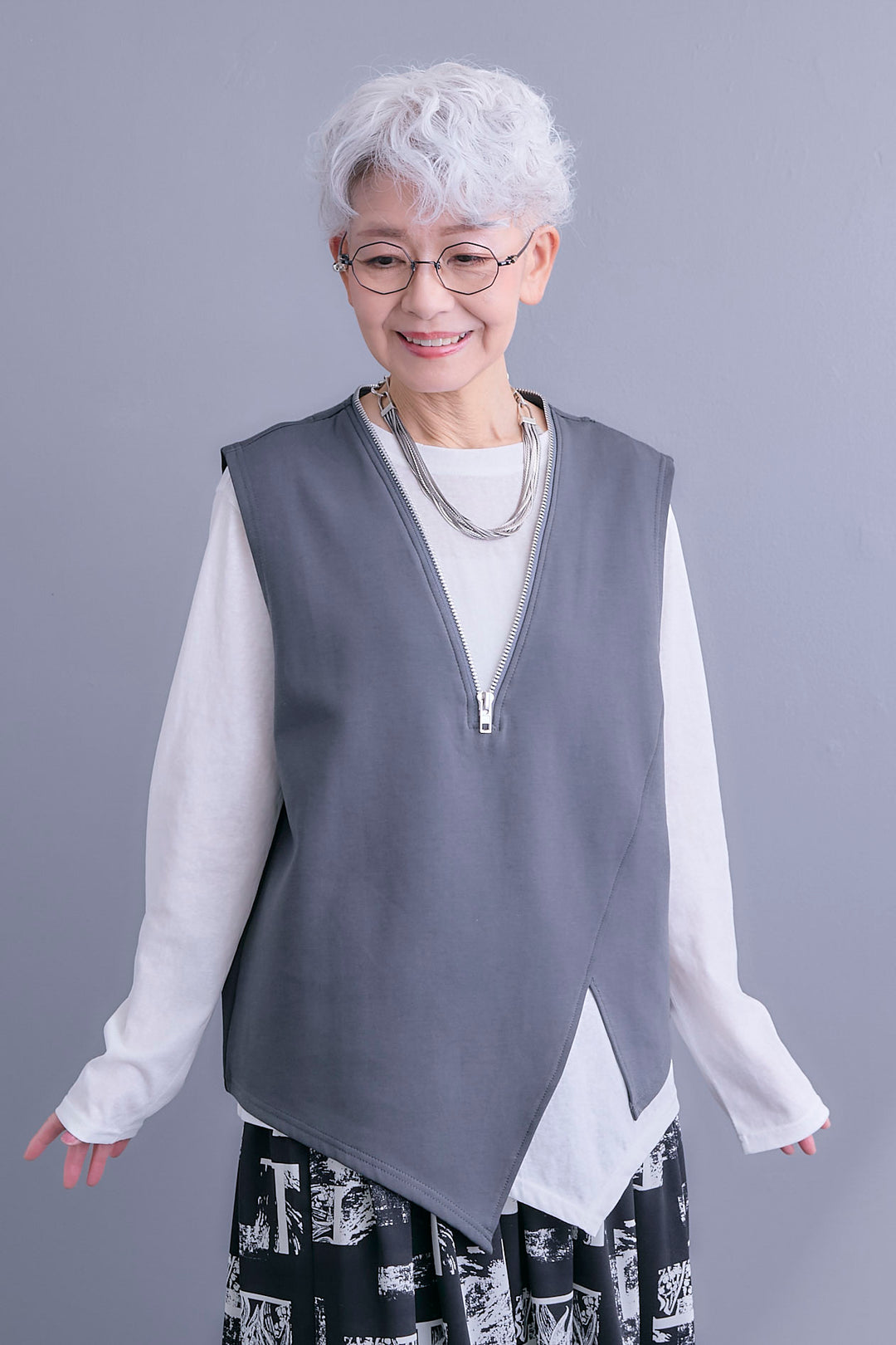 【SET】ZIPオープンVネックベスト+アシメロンT+スズランモノトーンフレアスカート(2set)