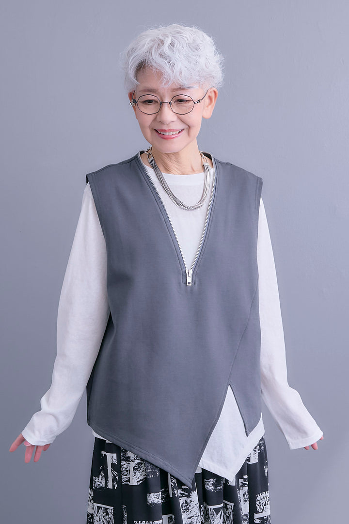 【SET】ZIPオープンVネックベスト+アシメロンT+スズランモノトーンフレアスカート(2set)