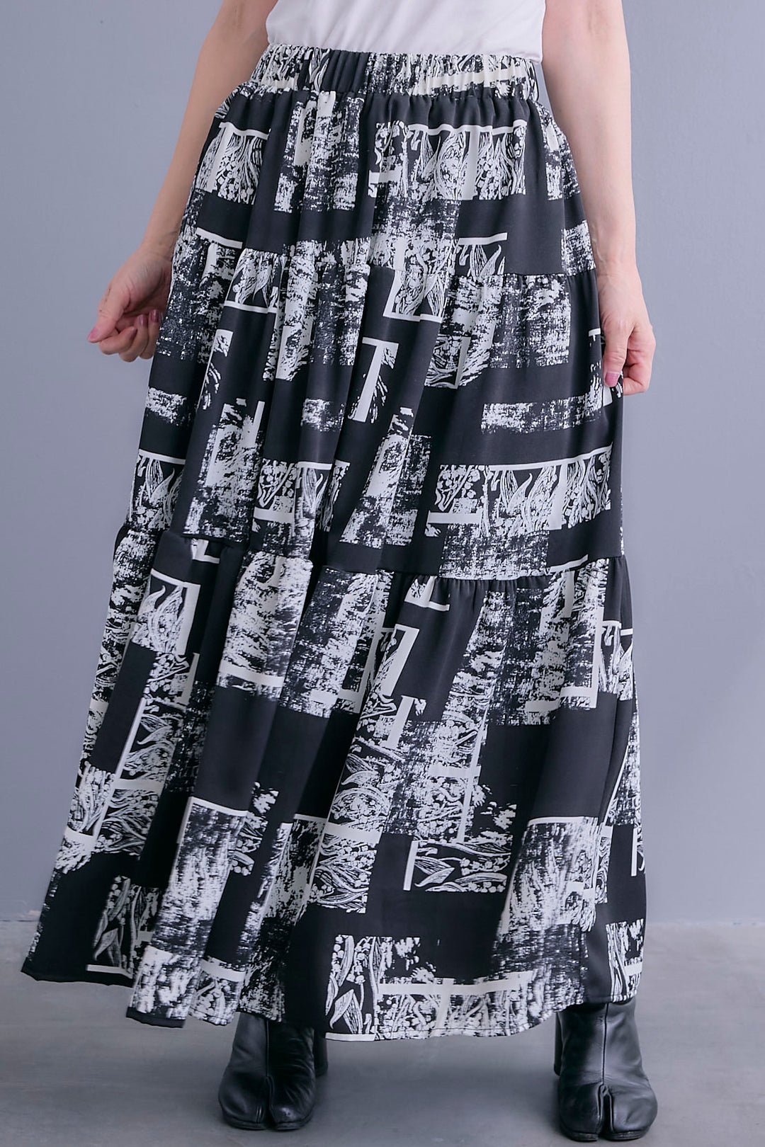 【SET】ZIPオープンVネックベスト+アシメロンT+スズランモノトーンフレアスカート(2set)