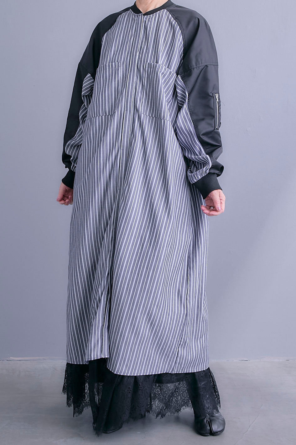 【SET】MA-1スリーブストライプシャツワンピース+アイラッシュレースロングスカート(2set)