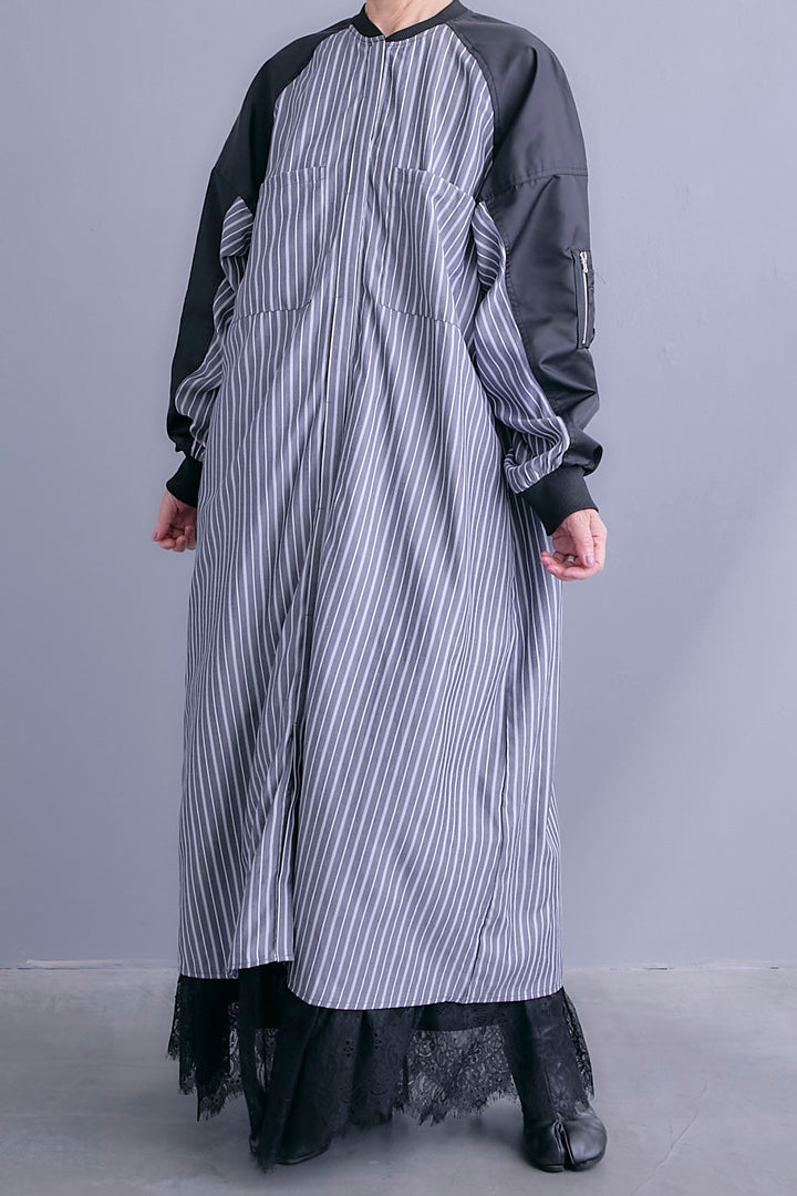 【SET】MA-1スリーブストライプシャツワンピース+アイラッシュレースロングスカート(2set)