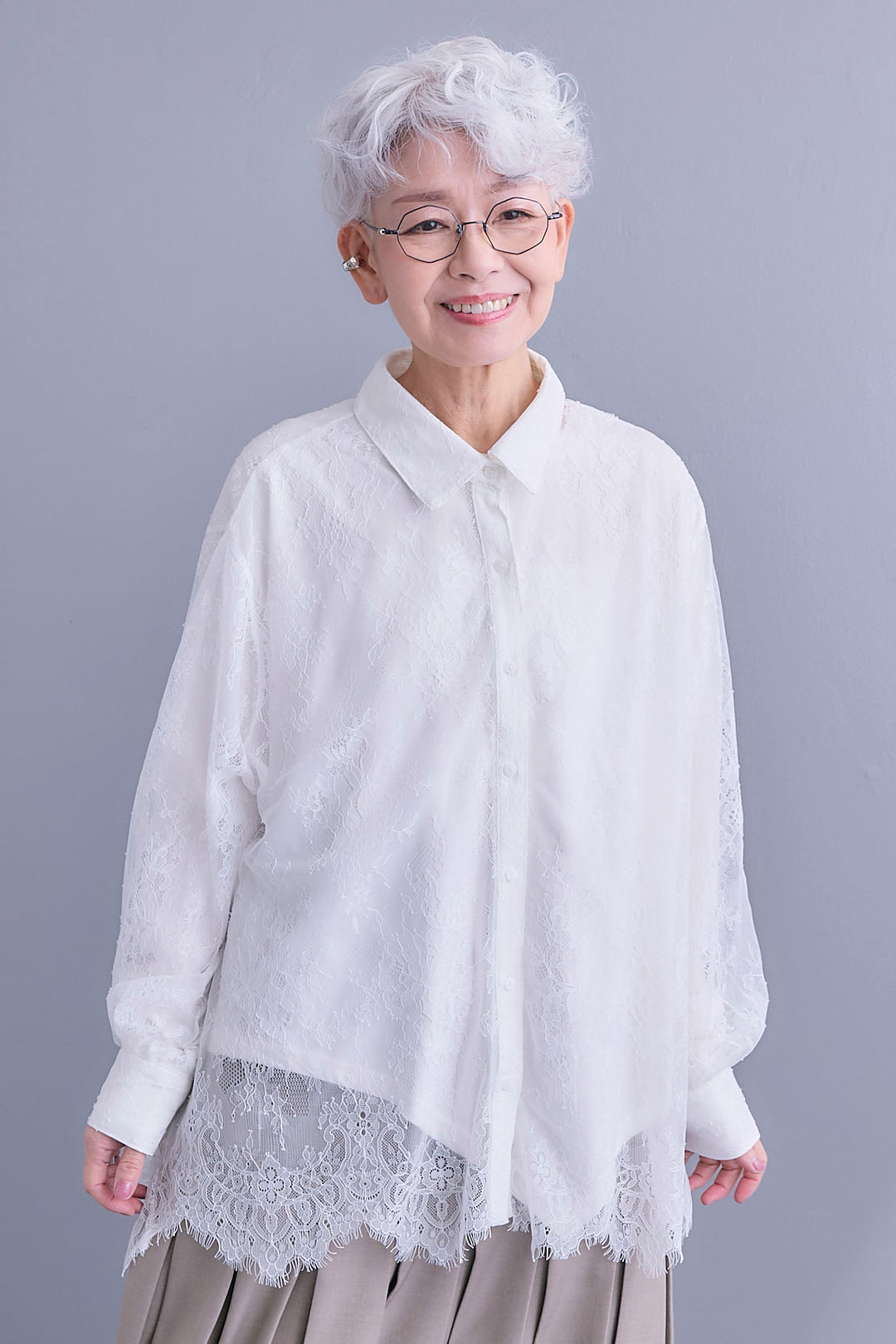 【SET】アイラッシュレースボリュームスリーブシャツ+アシンメトリーロンT+ボックスプリーツロングスカート(3set)