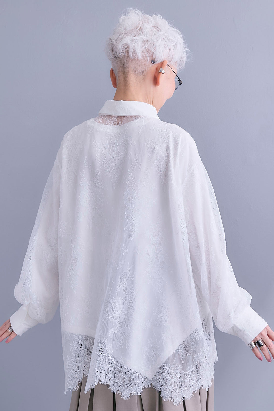 【SET】アイラッシュレースボリュームスリーブシャツ+アシンメトリーロンT+ボックスプリーツロングスカート(3set)