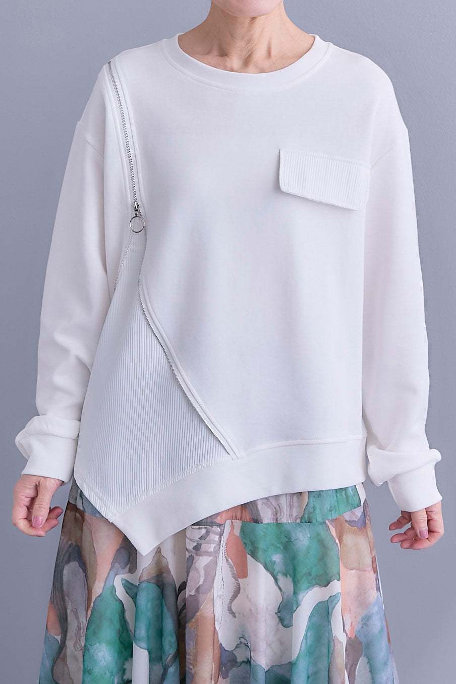 【SET】ショルダーZIPアシメデザインプルオーバー+ウォーターアートフレアスカート(2set)