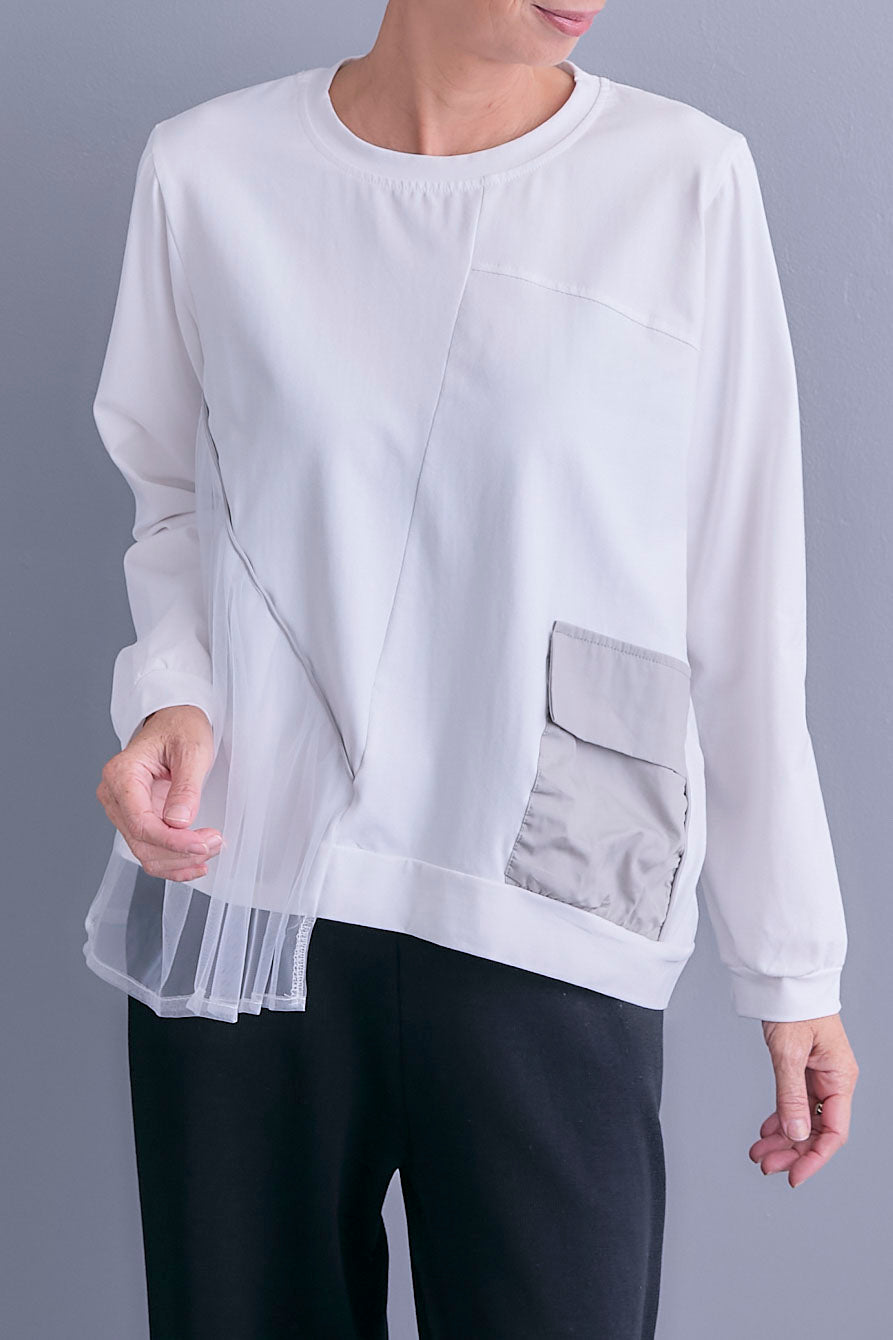 【SET】チュールギャザーアシメポケットプルオーバー+アシンメトリープリーツスカート(2set)