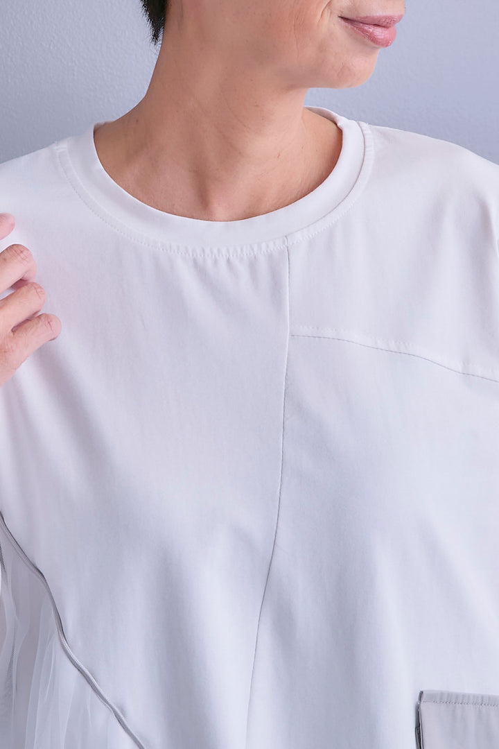 【SET】チュールギャザーアシメポケットプルオーバー+アシンメトリープリーツスカート(2set)