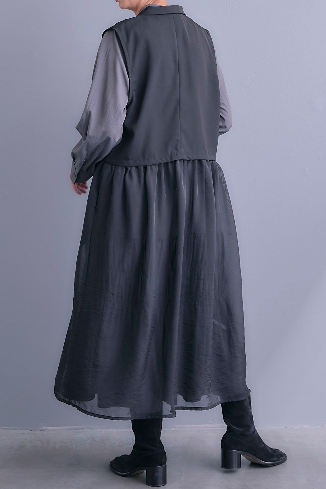 【SET】シアーオーガンジージャケットベスト+コードキーネックシャーリングデザインワンピース(2set)