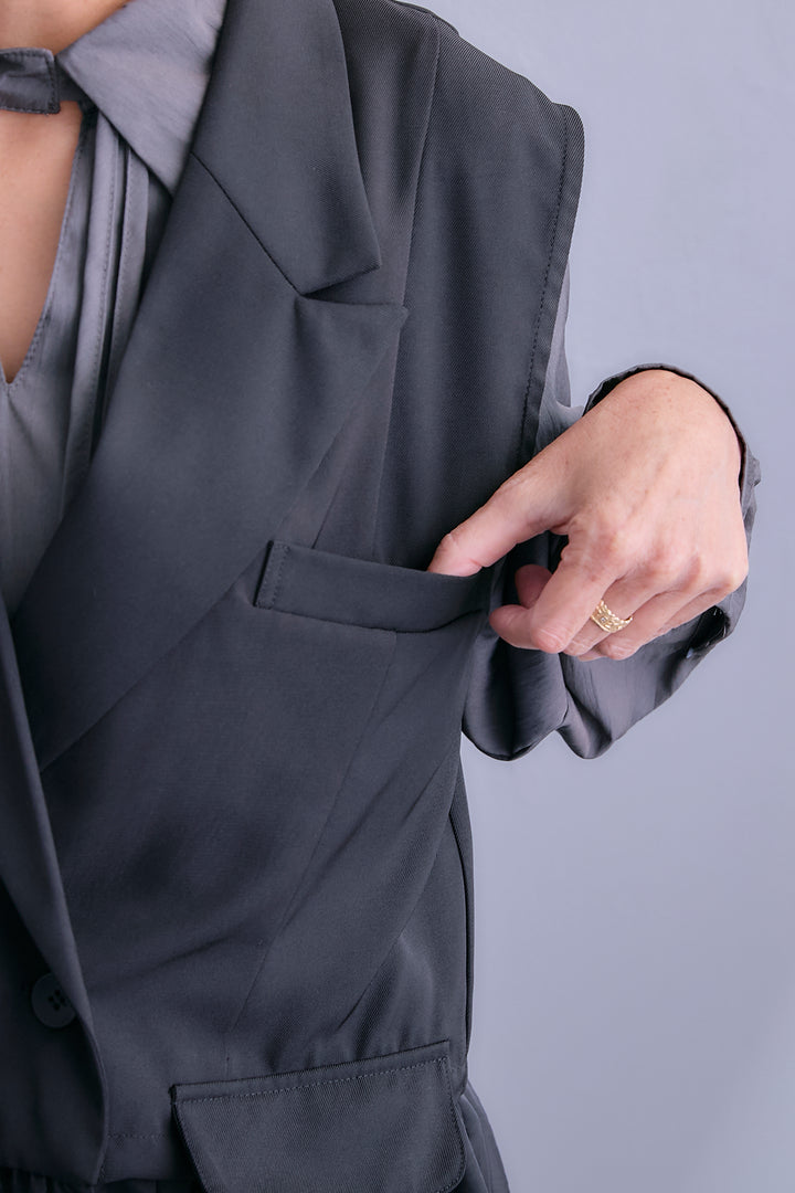 【SET】シアーオーガンジージャケットベスト+コードキーネックシャーリングデザインワンピース(2set)