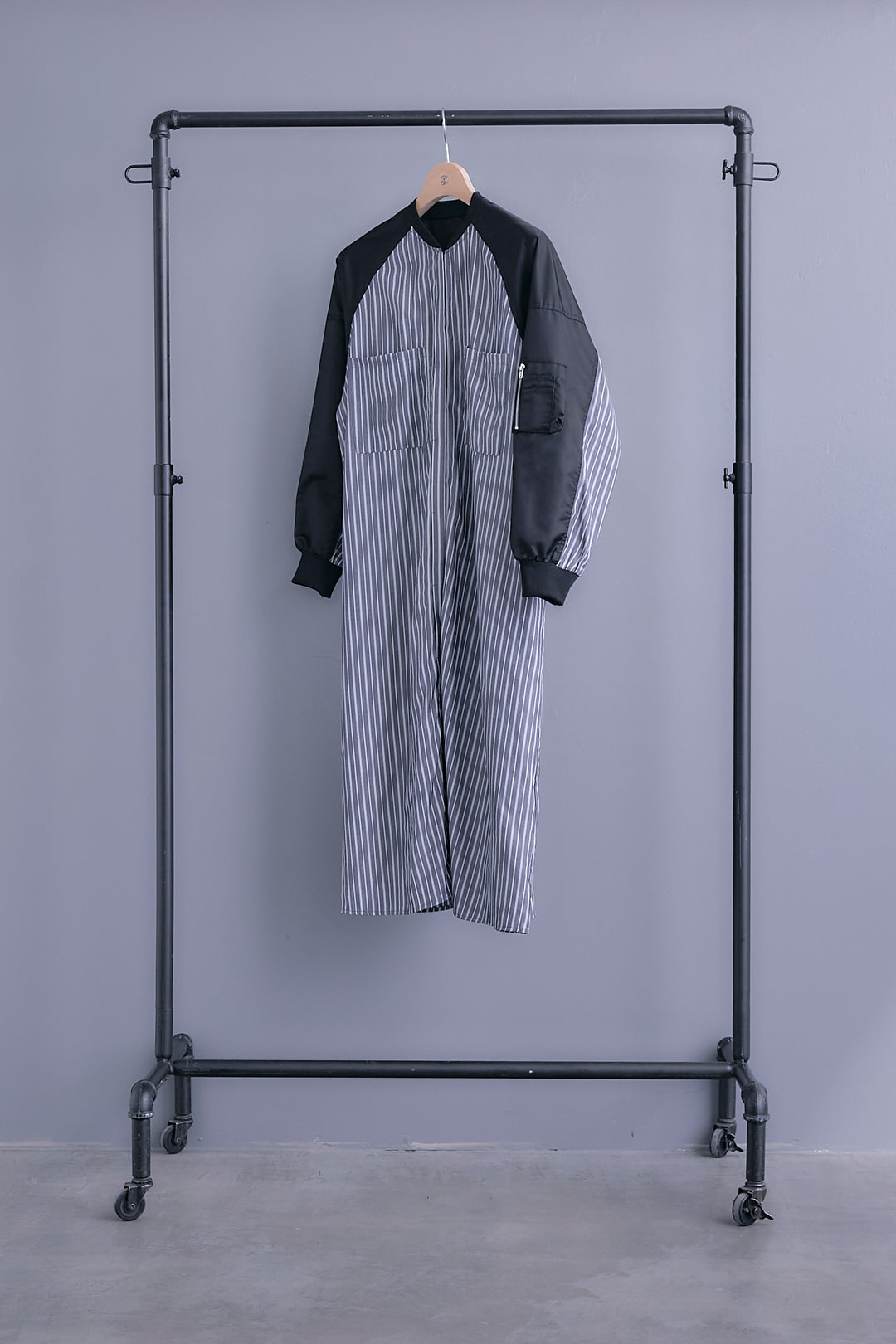 【SET】MA-1スリーブストライプシャツワンピース+アイラッシュレースロングスカート(2set)