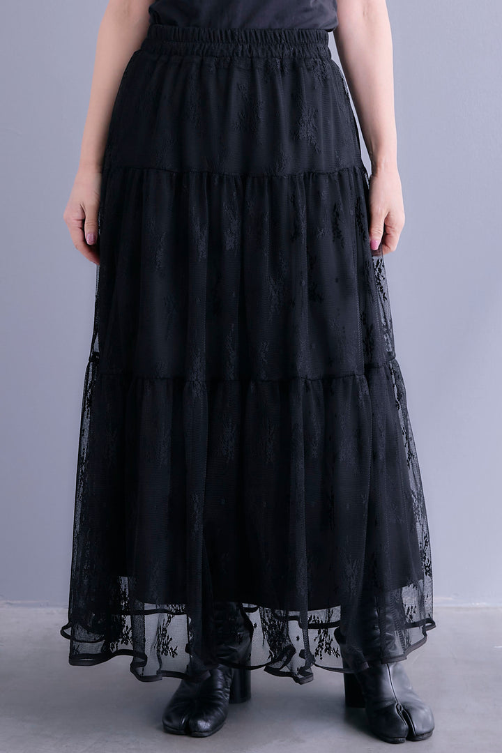【SET】アシンメトリープリーツシャツワンピース+レースティアードスカート(2set)