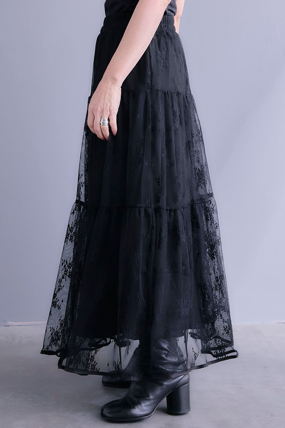 【SET】アシンメトリープリーツシャツワンピース+レースティアードスカート(2set)