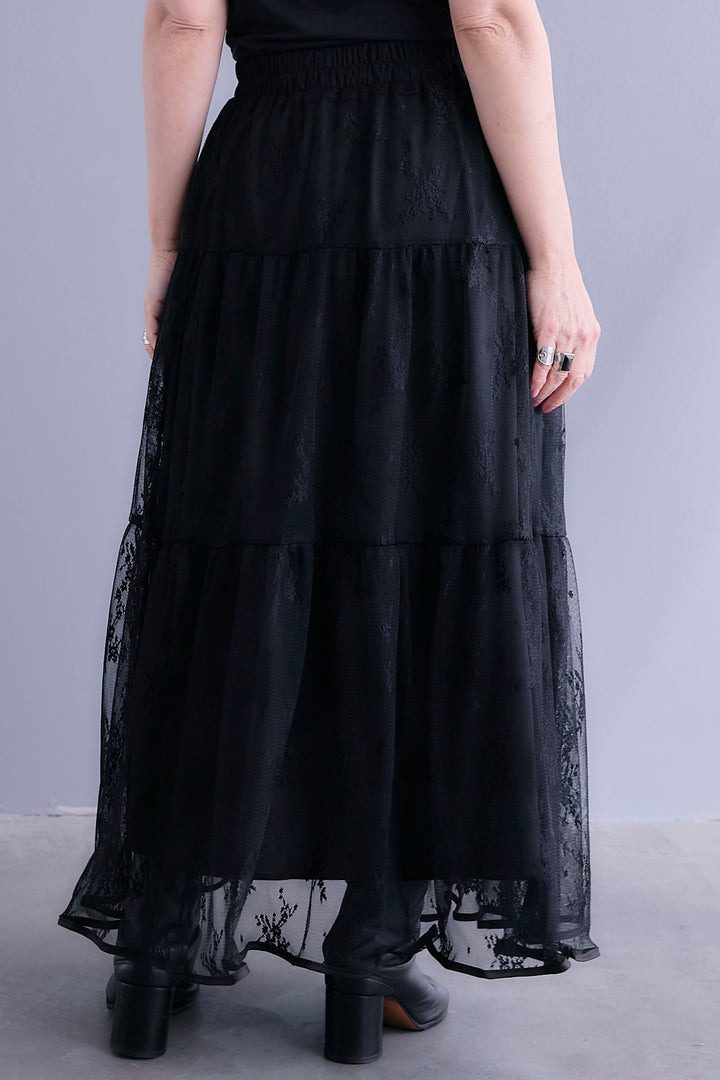 【SET】アシンメトリープリーツシャツワンピース+レースティアードスカート(2set)