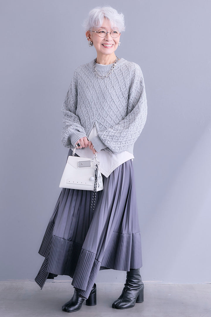 【SET】透かし編みフロントZIPニット+アシンメトリーロンT+アシンメトリープリーツスカート(3set)