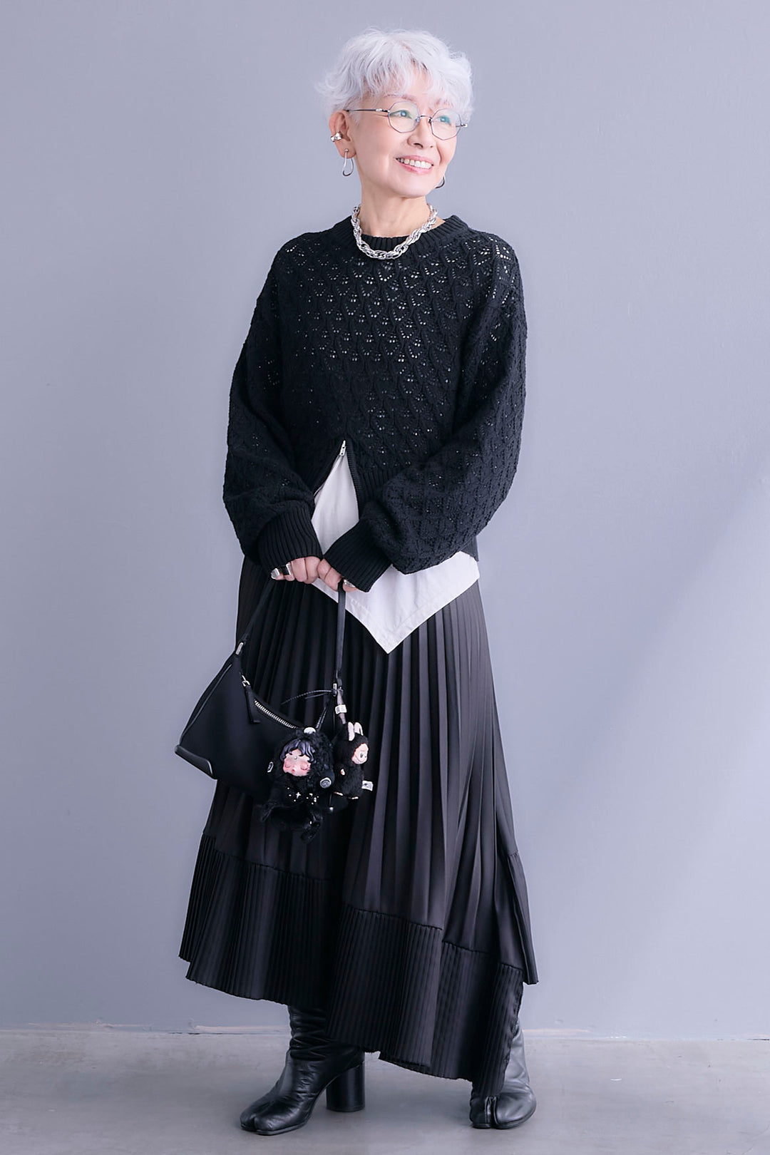 【SET】透かし編みフロントZIPニット+アシンメトリーロンT+アシンメトリープリーツスカート(3set)
