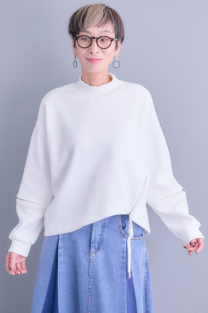 【SET】リブハイネックアシメZIPデザインプルオーバー+プリーツタックデニムスカート(2set)