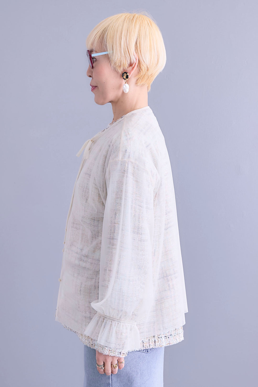 【予約】ツイード×チュールレイヤードノーカラージャケット