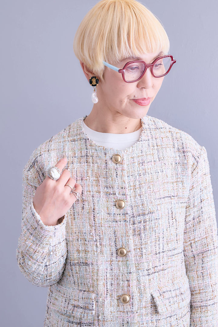 【SET】ツイード×チュールレイヤードノーカラージャケット+ヘムレースロングシャツ+プリーツタックデニムスカート(3set)