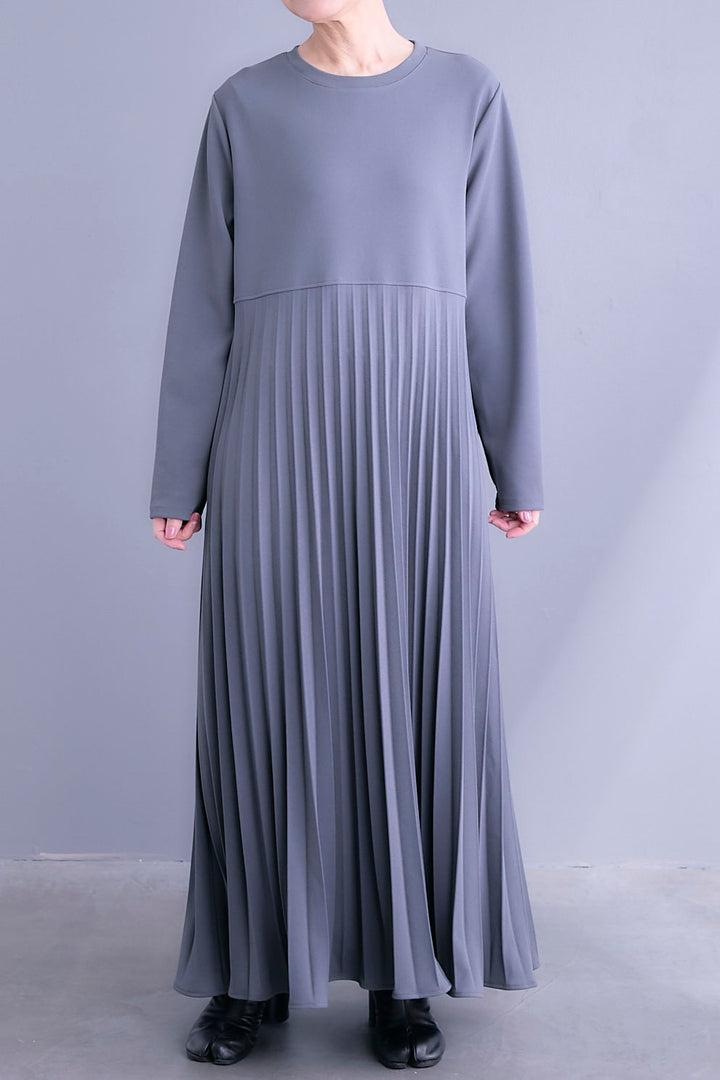 【SET】ボリュームスリーブノーカラーデニムジャケット+プリーツストレッチロングワンピース(2set)