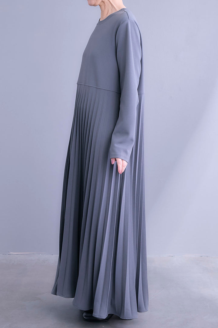 【SET】ボリュームスリーブノーカラーデニムジャケット+プリーツストレッチロングワンピース(2set)