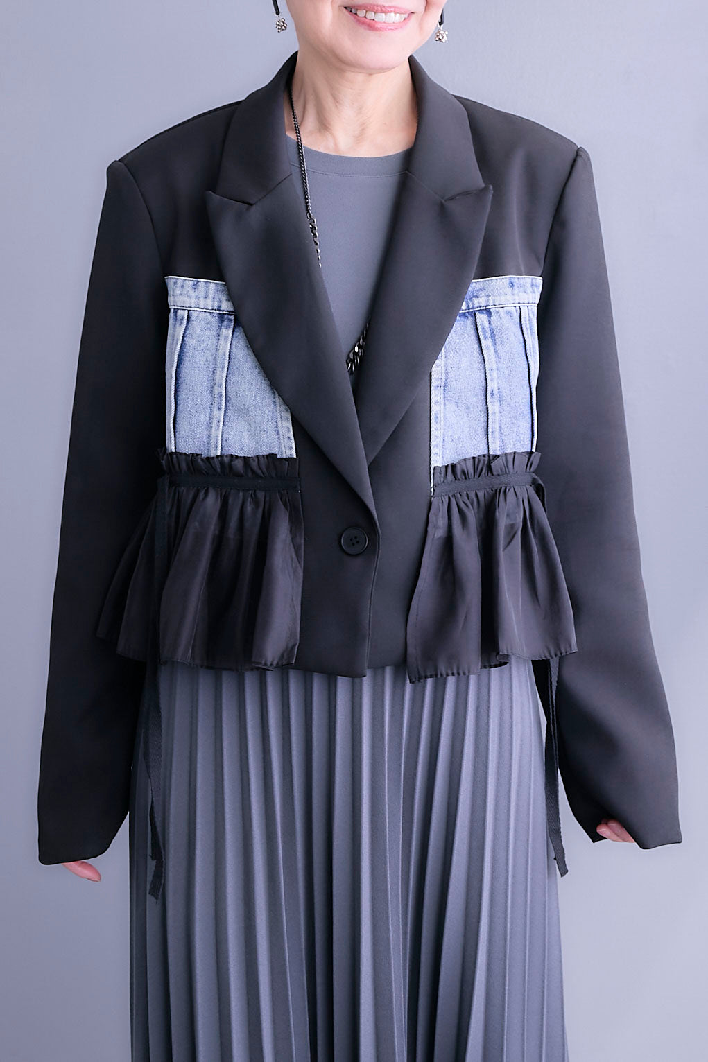【SET】デニムドッキングショートジャケット+プリーツストレッチロングワンピース(2set)