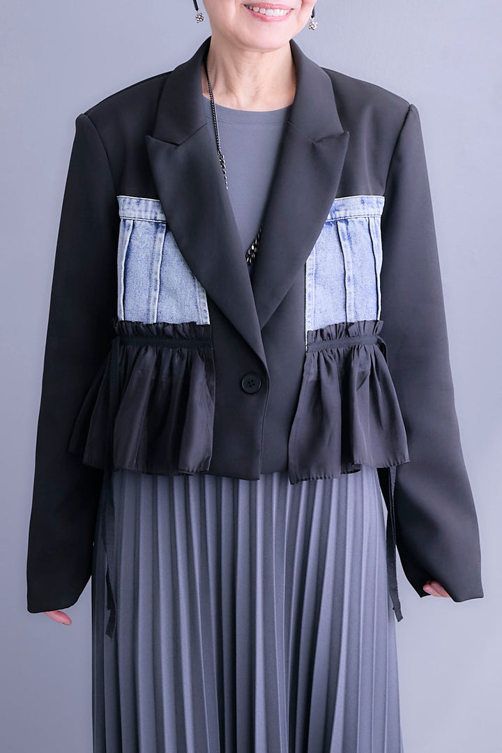 【SET】デニムドッキングショートジャケット+プリーツストレッチロングワンピース(2set)